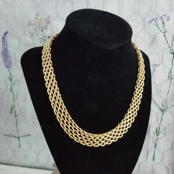 Vintage Monet Gold Tone Chunky Basket Weave Choker Collar Necklace